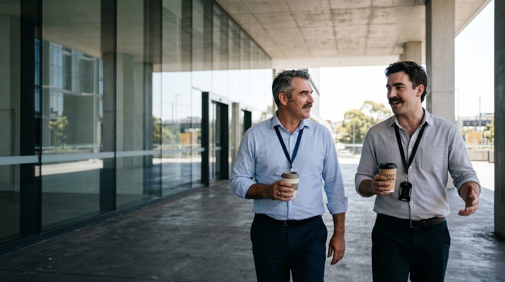 Two workmates walking side by side with coffees
