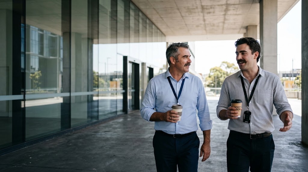 Two workmates walking side by side with coffees